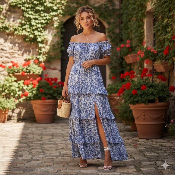 ASTR Viona Maxi Dress In Blue White Multi One Size NWT - Picture 1 of 8